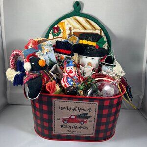 Christmas-Themed Gift Basket Full Of Snowman & Holiday Ornaments In Red Plaid Ti